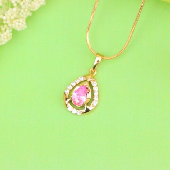 "Teardrop Pink Stone Pendant with Sparkling Accents in Gold Finish, XPPT1799 - Picture 4 of 13